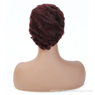 Pixie Cut Short Human Hair Wig Finger Wave For Black Women, Cheap Brazilian Mink Virgin Cuticle Aligned Hair Wavy Wig 99J# Color